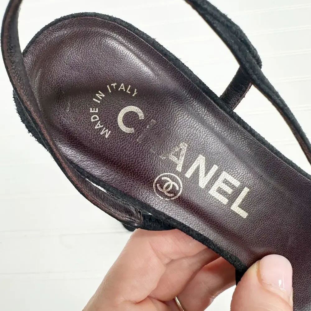 Chanel Slingback Heels 36.5 Black Suede Gold Cap Toe Vintage CC Logo Block Heel - Picture 4 of 9